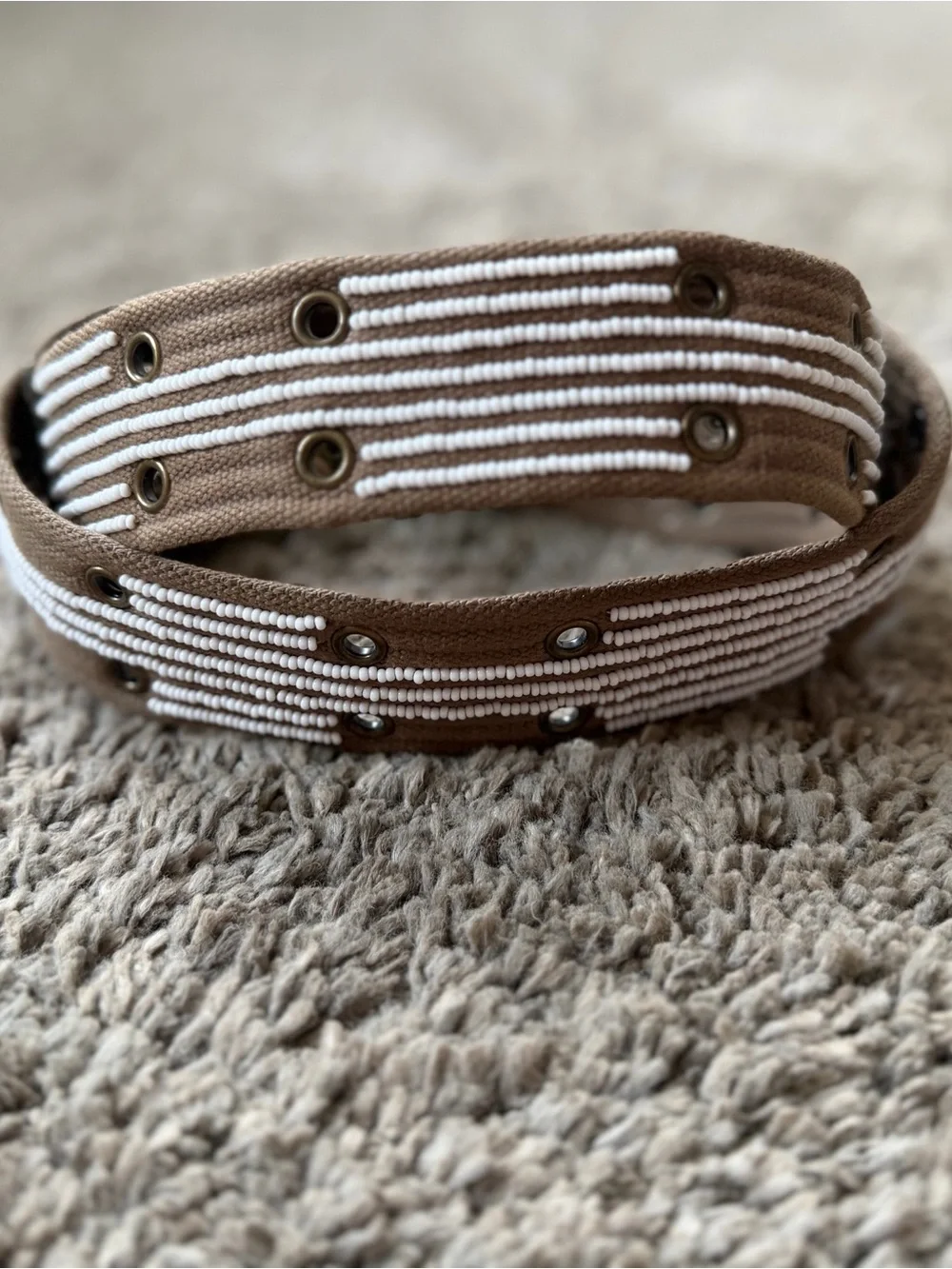 Artisan Handmade Brown Beaded Canvas Belt White Accent Beading Like New US M